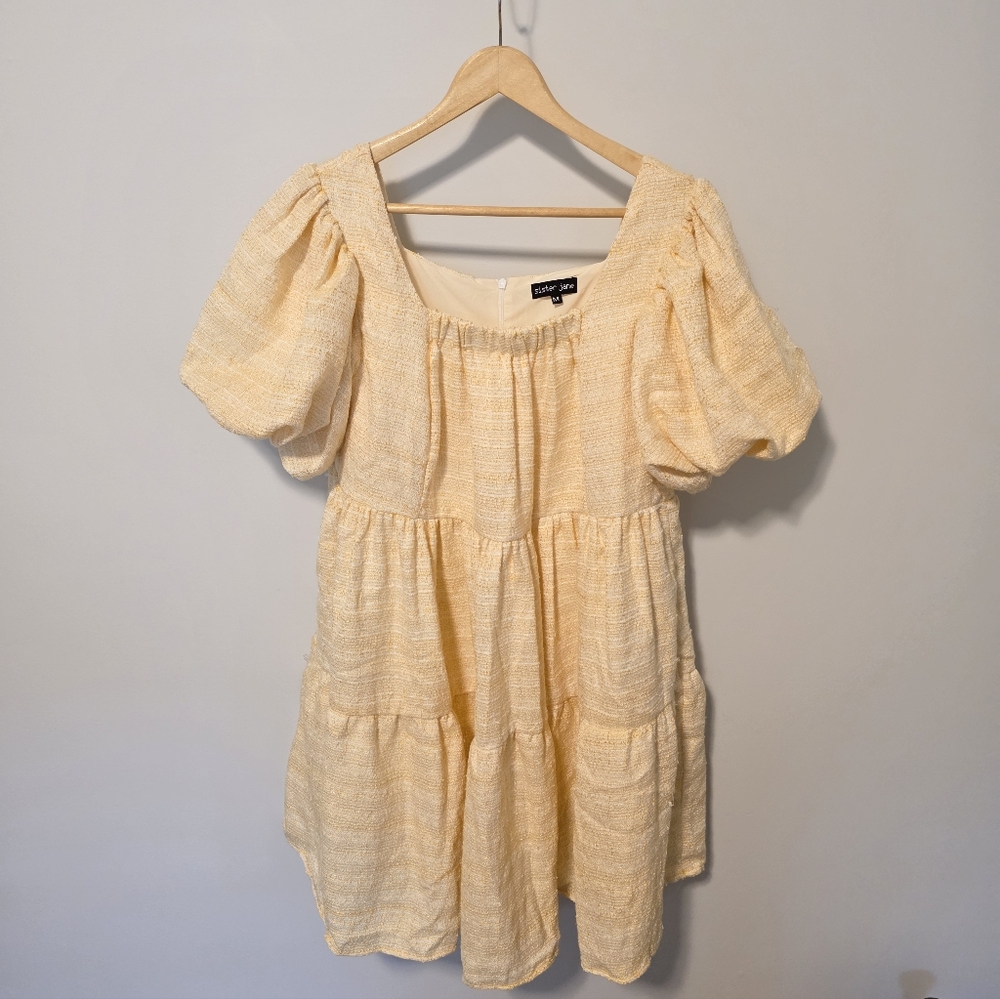 NWOT Sister Jane Tweed Babydoll White Gold Dress With Puffy Sleeves Size Medium - Picture 4 of 8